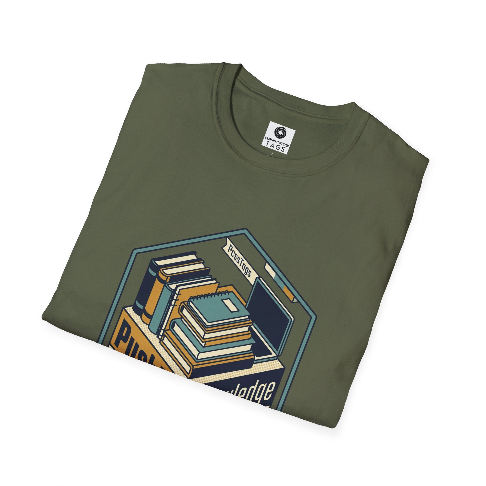 T-Shirt — "Pushin' Knowledge" Retro Book Stack Graphic