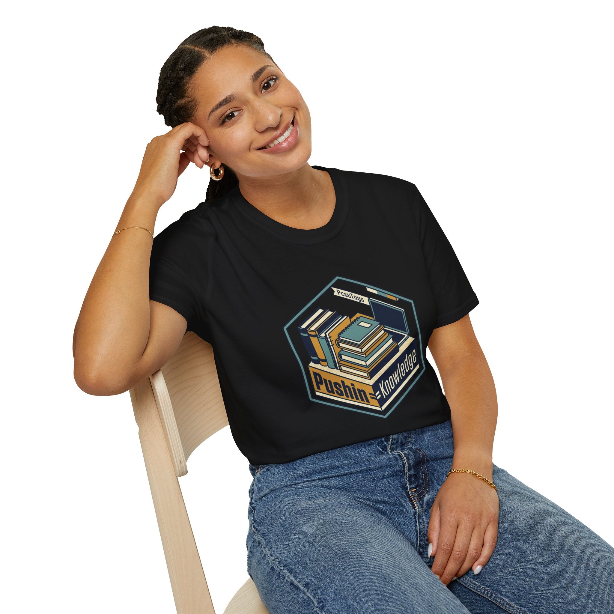 T-Shirt — "Pushin' Knowledge" Retro Book Stack Graphic